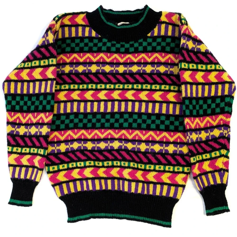 Vintage de rotchild Wool Sweater Geometric Multi-Color Crewneck Mens Small Macau